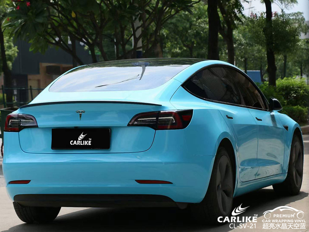 CARLIKE卡莱克™CL-SV-21特斯拉超亮水晶天空蓝全车贴膜施工